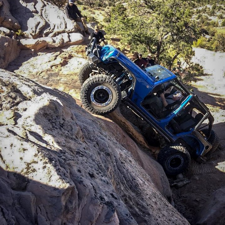 Jeep on steep wall Moab Widowmaker
